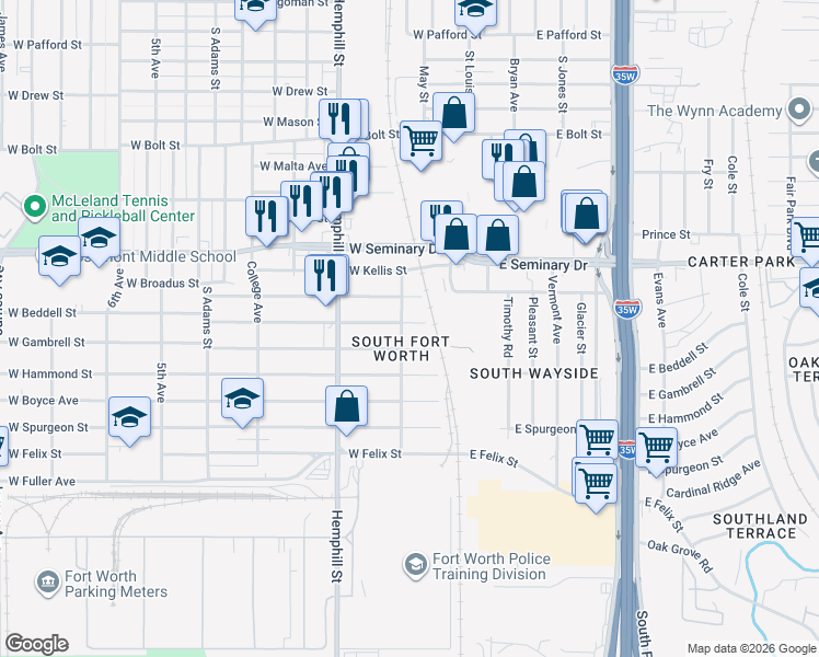 map of restaurants, bars, coffee shops, grocery stores, and more near 417 West Beddell Street in Fort Worth