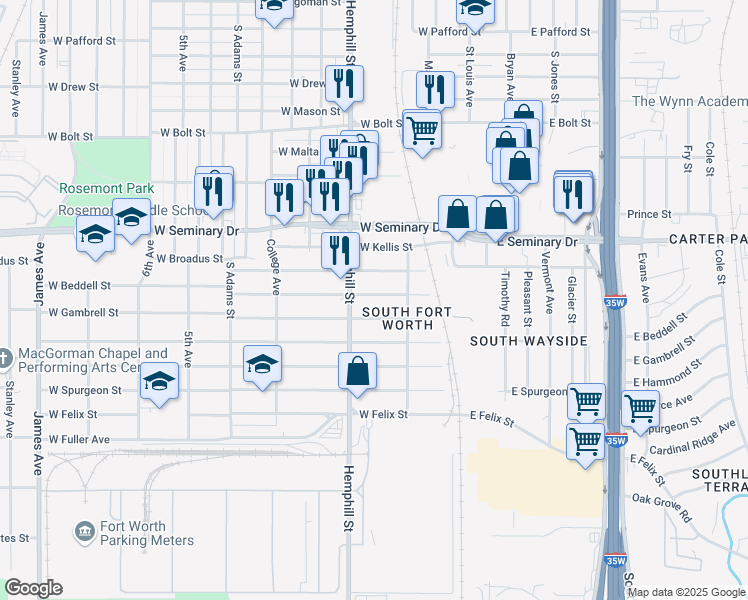map of restaurants, bars, coffee shops, grocery stores, and more near 541 West Beddell Street in Fort Worth