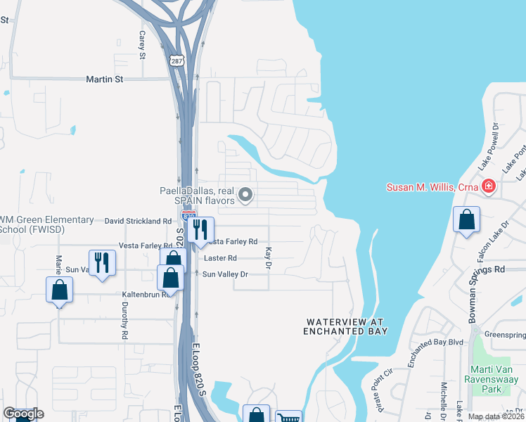map of restaurants, bars, coffee shops, grocery stores, and more near 5608 Willamette Drive in Fort Worth