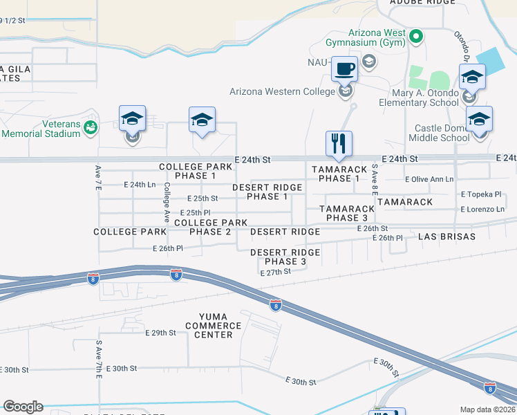 map of restaurants, bars, coffee shops, grocery stores, and more near 7628-7630 E 25th Pl in Yuma