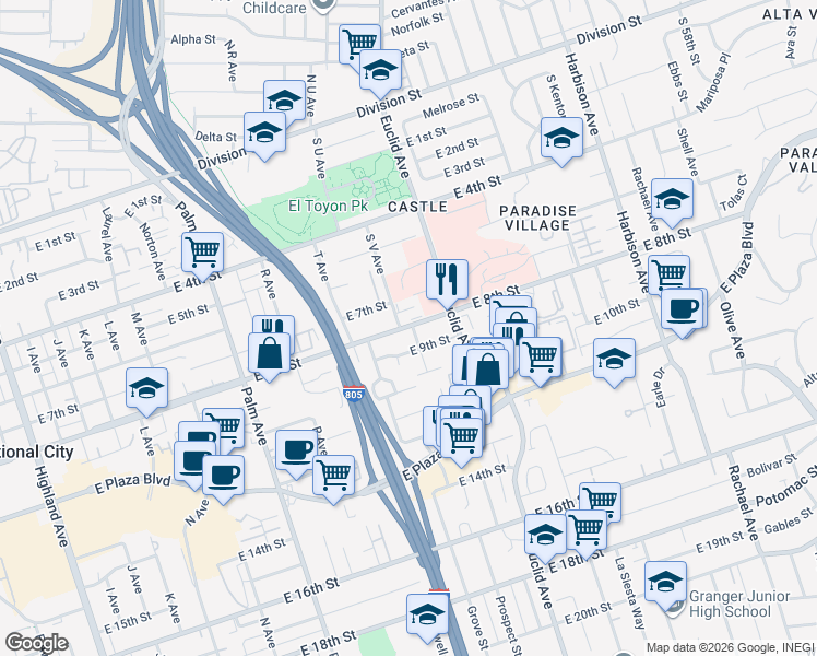 map of restaurants, bars, coffee shops, grocery stores, and more near 810 South V Avenue in National City