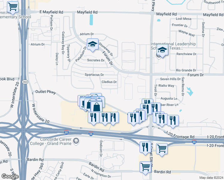 map of restaurants, bars, coffee shops, grocery stores, and more near 3705 Cyrus Court in Grand Prairie