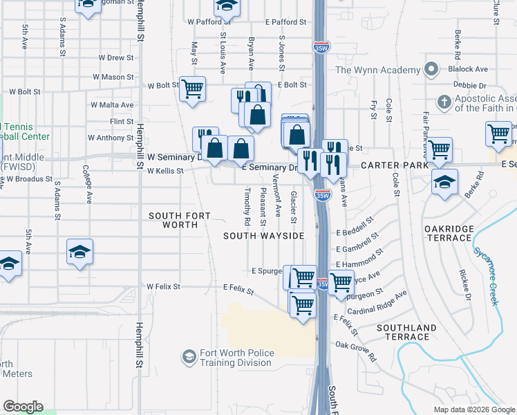 map of restaurants, bars, coffee shops, grocery stores, and more near 4458 Pleasant Street in Fort Worth