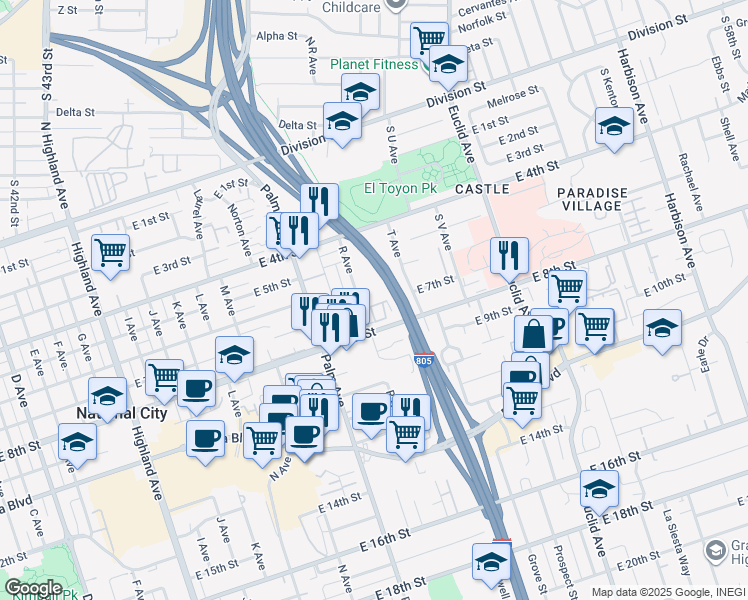 map of restaurants, bars, coffee shops, grocery stores, and more near 633 East 7th Street in National City