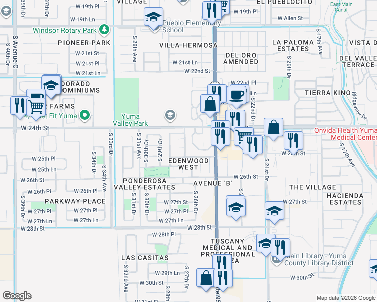 map of restaurants, bars, coffee shops, grocery stores, and more near 2425 South 27th Avenue in Yuma