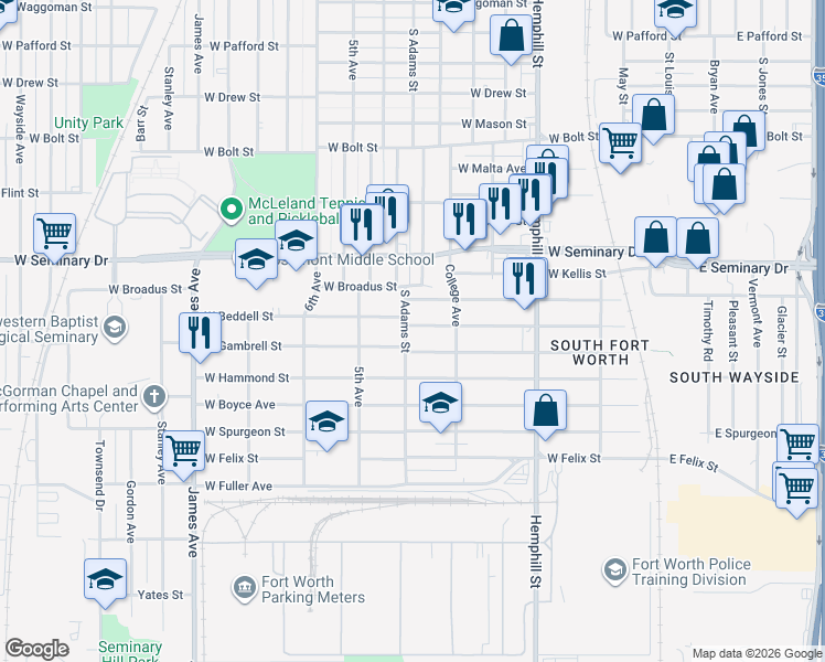 map of restaurants, bars, coffee shops, grocery stores, and more near 1113 West Beddell Street in Fort Worth