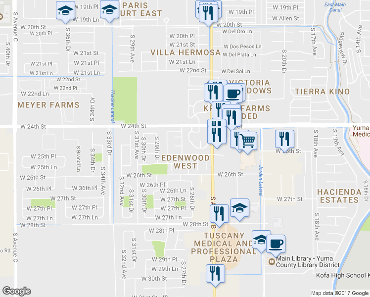 map of restaurants, bars, coffee shops, grocery stores, and more near 2610 West 25th Street in Yuma