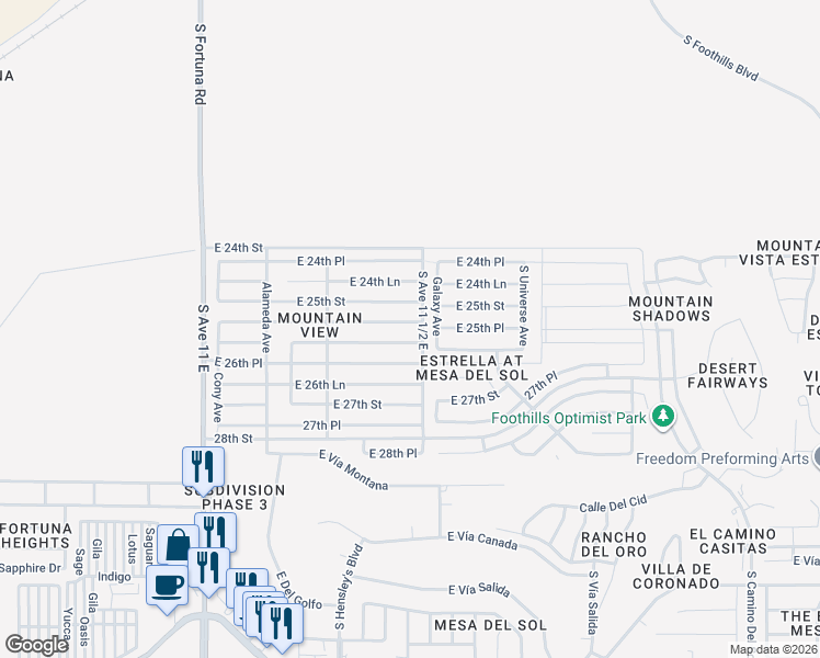 map of restaurants, bars, coffee shops, grocery stores, and more near 11446 East 26th Street in Yuma