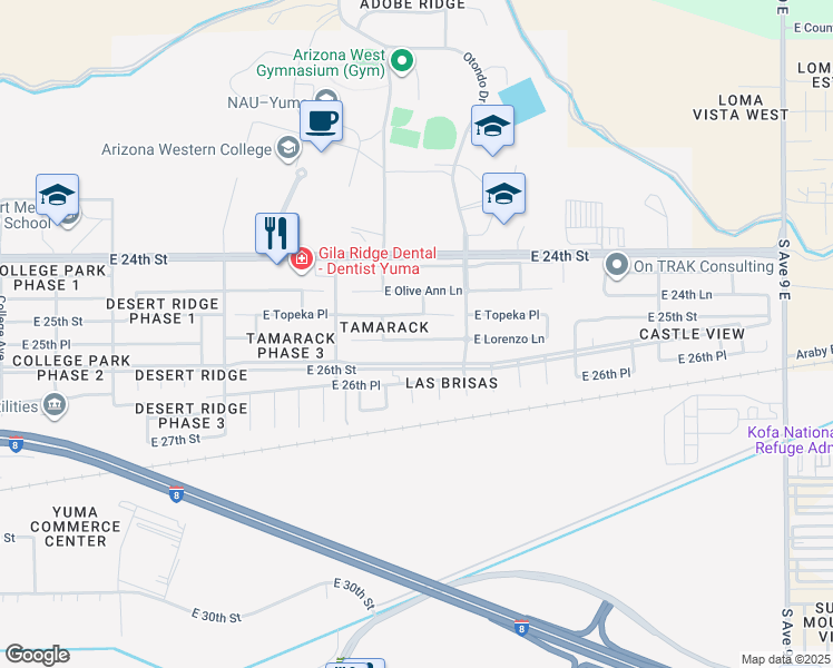 map of restaurants, bars, coffee shops, grocery stores, and more near 8178 East Lorenzo Lane in Yuma