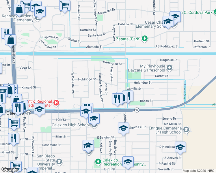 map of restaurants, bars, coffee shops, grocery stores, and more near 1220 Plaza Drive in Calexico