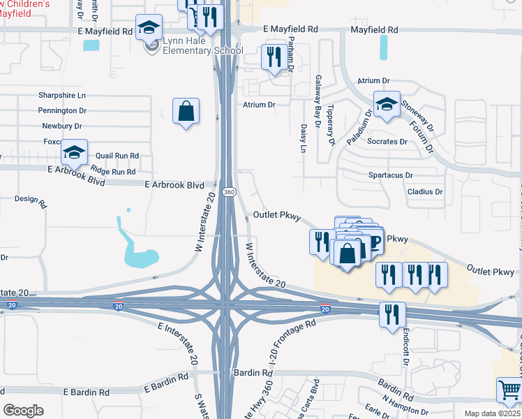 map of restaurants, bars, coffee shops, grocery stores, and more near 3090 Outlet Parkway in Grand Prairie