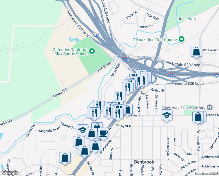 map of restaurants, bars, coffee shops, grocery stores, and more near 8650 Benbrook Boulevard in Benbrook