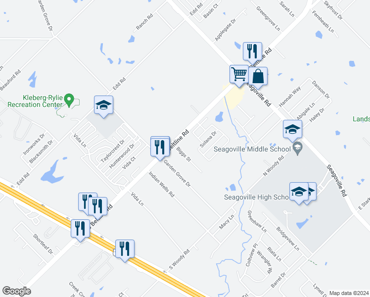 map of restaurants, bars, coffee shops, grocery stores, and more near 13625 Biggs Street in Dallas