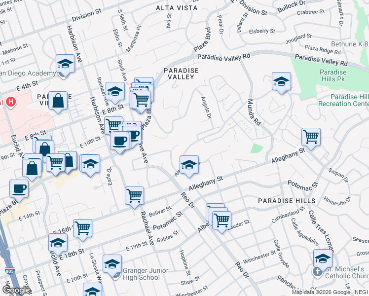 map of restaurants, bars, coffee shops, grocery stores, and more near 1905 Ridgewood Drive in San Diego