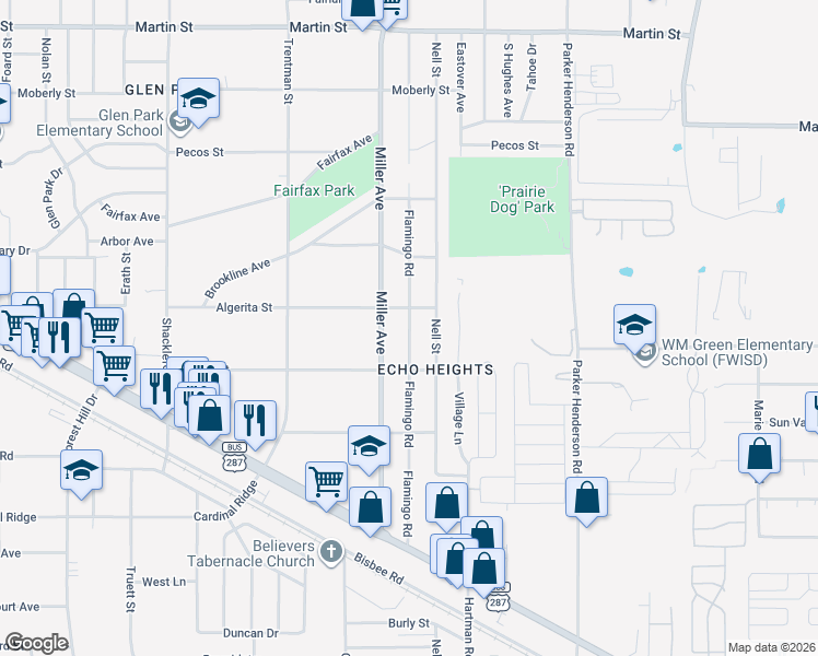 map of restaurants, bars, coffee shops, grocery stores, and more near 5216 Nell Street in Fort Worth