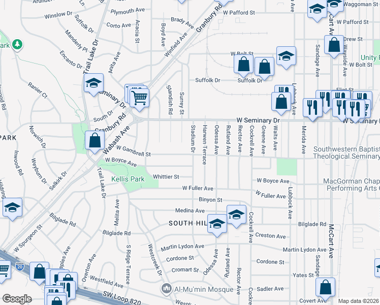 map of restaurants, bars, coffee shops, grocery stores, and more near 3359 West Gambrell Street in Fort Worth