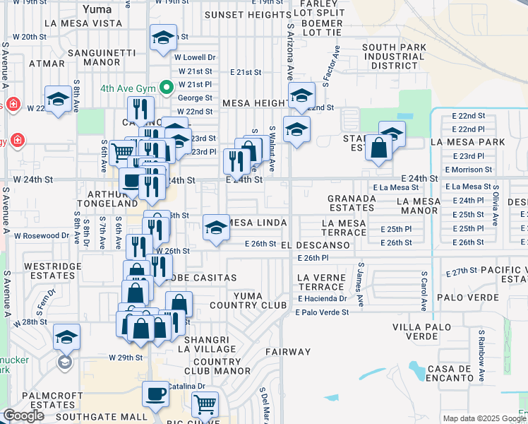 map of restaurants, bars, coffee shops, grocery stores, and more near 214 East 25th Street in Yuma