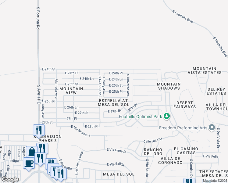 map of restaurants, bars, coffee shops, grocery stores, and more near 11591 East 25th Place in Yuma