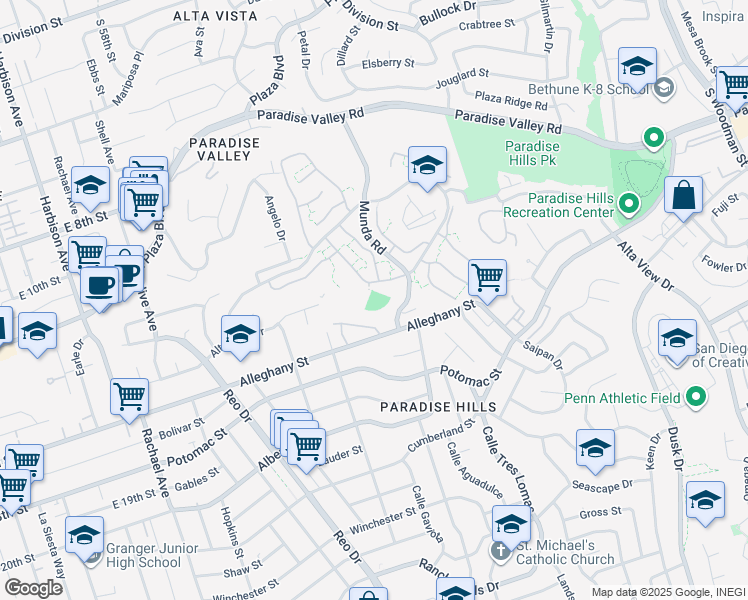map of restaurants, bars, coffee shops, grocery stores, and more near 6024 Rock Island Road in San Diego