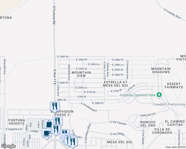 map of restaurants, bars, coffee shops, grocery stores, and more near 11376 East 26th Street in Yuma
