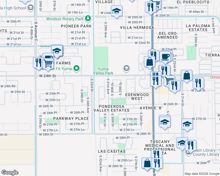 map of restaurants, bars, coffee shops, grocery stores, and more near 2466 South 30th Drive in Yuma
