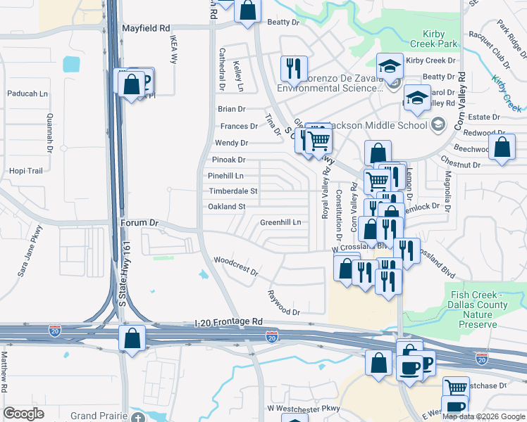 map of restaurants, bars, coffee shops, grocery stores, and more near 750 Greenhill Lane in Grand Prairie