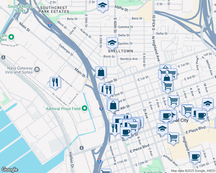 map of restaurants, bars, coffee shops, grocery stores, and more near 45 Osborn Street in National City