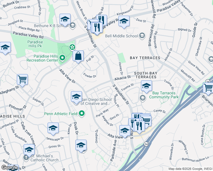 map of restaurants, bars, coffee shops, grocery stores, and more near 6809 Panamint Row in San Diego