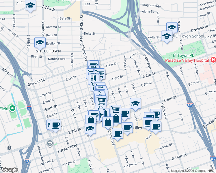 map of restaurants, bars, coffee shops, grocery stores, and more near 835 East 4th Street in National City
