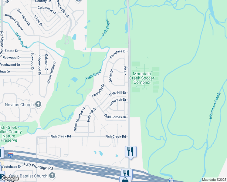 map of restaurants, bars, coffee shops, grocery stores, and more near 1313 Holly Hill Drive in Grand Prairie