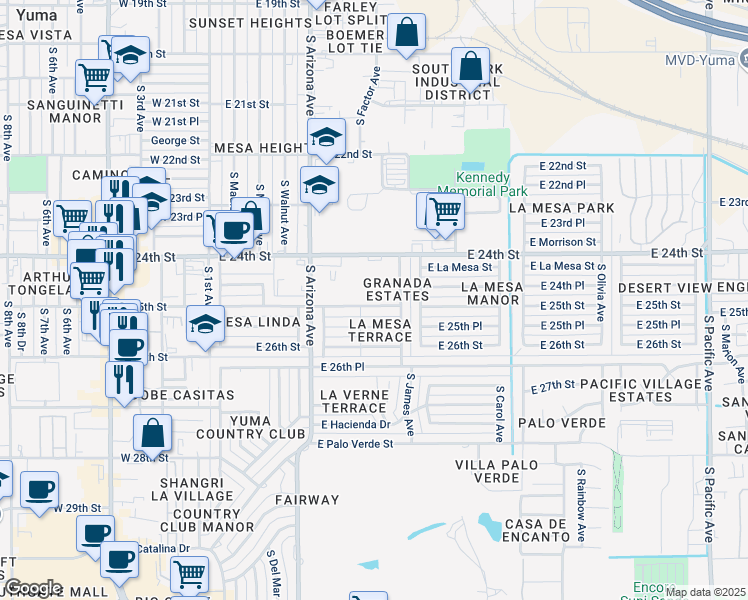 map of restaurants, bars, coffee shops, grocery stores, and more near 728 East 25th Street in Yuma