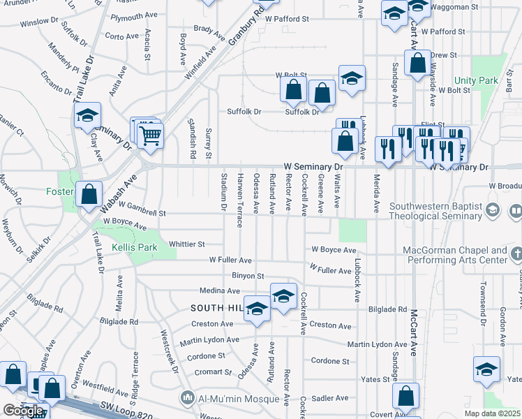 map of restaurants, bars, coffee shops, grocery stores, and more near 4500 Rutland Avenue in Fort Worth