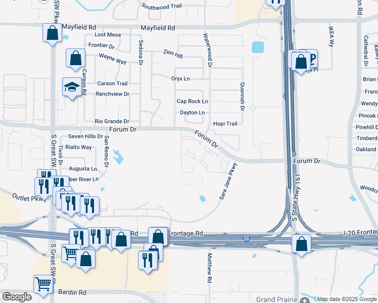map of restaurants, bars, coffee shops, grocery stores, and more near 2100 Ih 20 in Grand Prairie