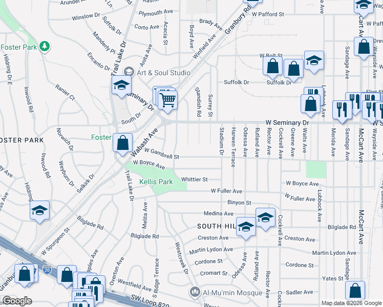 map of restaurants, bars, coffee shops, grocery stores, and more near 3417 West Gambrell Street in Fort Worth