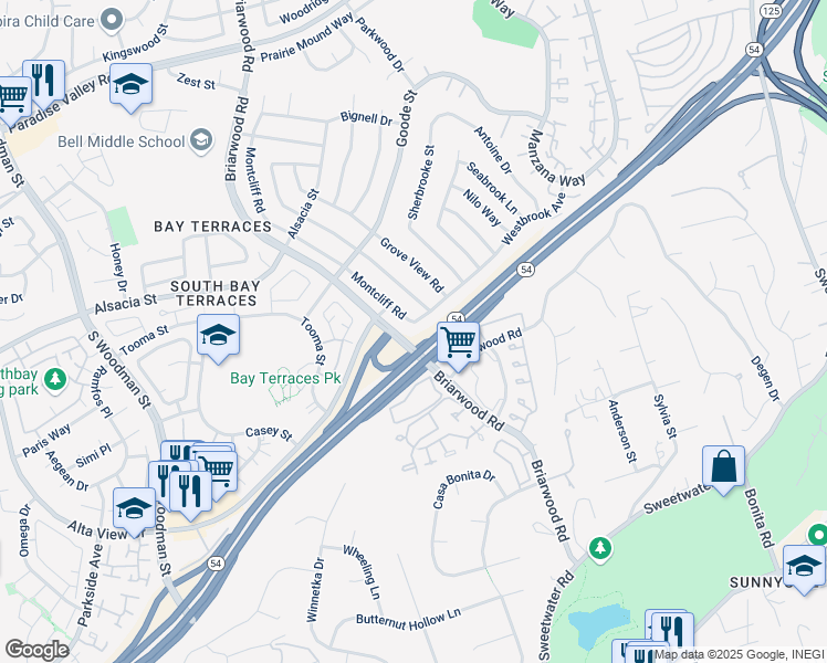 map of restaurants, bars, coffee shops, grocery stores, and more near 2440 Montcliff Road in San Diego