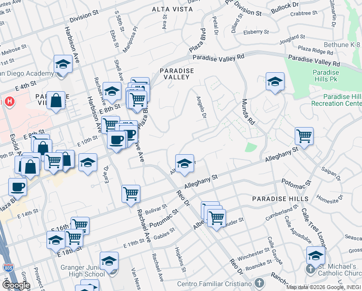 map of restaurants, bars, coffee shops, grocery stores, and more near 1905 Ridgewood Drive in San Diego