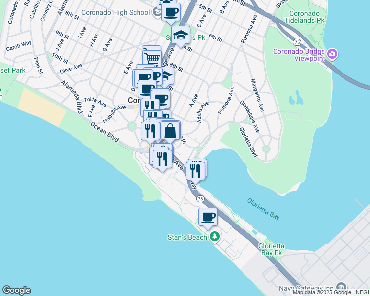 map of restaurants, bars, coffee shops, grocery stores, and more near 1415 Orange Avenue in Coronado