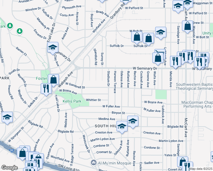 map of restaurants, bars, coffee shops, grocery stores, and more near 3359 West Gambrell Street in Fort Worth