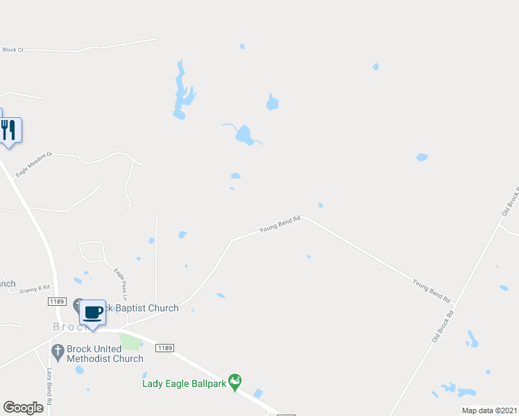 map of restaurants, bars, coffee shops, grocery stores, and more near 739 Young Bend Road in Brock