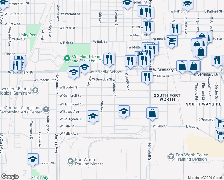 map of restaurants, bars, coffee shops, grocery stores, and more near 1113 West Beddell Street in Fort Worth