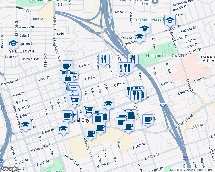map of restaurants, bars, coffee shops, grocery stores, and more near 505 M Avenue in National City