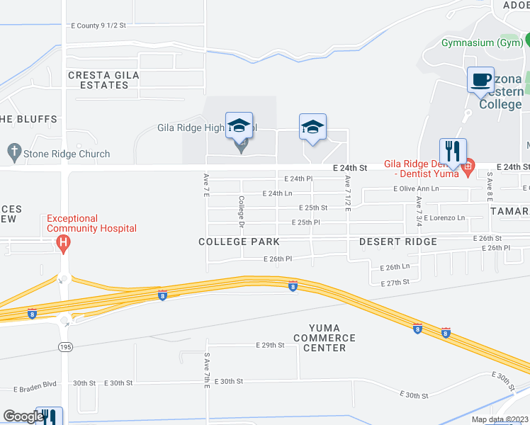 map of restaurants, bars, coffee shops, grocery stores, and more near 7271 East 25th Street in Yuma