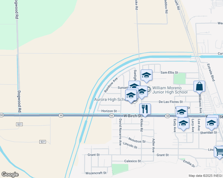 map of restaurants, bars, coffee shops, grocery stores, and more near 1037 Valley Street in Calexico