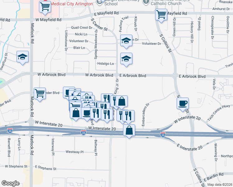 map of restaurants, bars, coffee shops, grocery stores, and more near South Center Street in Arlington