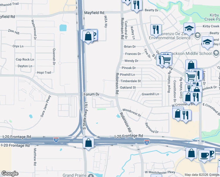 map of restaurants, bars, coffee shops, grocery stores, and more near in Grand Prairie