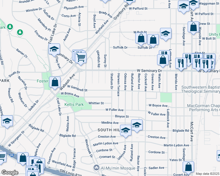 map of restaurants, bars, coffee shops, grocery stores, and more near 3359 West Gambrell Street in Fort Worth