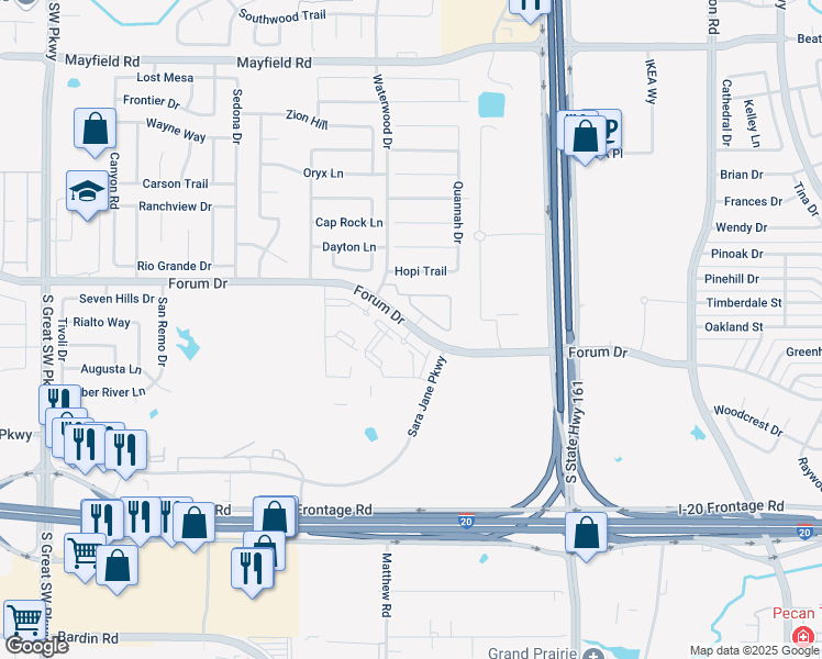 map of restaurants, bars, coffee shops, grocery stores, and more near 2030 Forum Drive in Grand Prairie