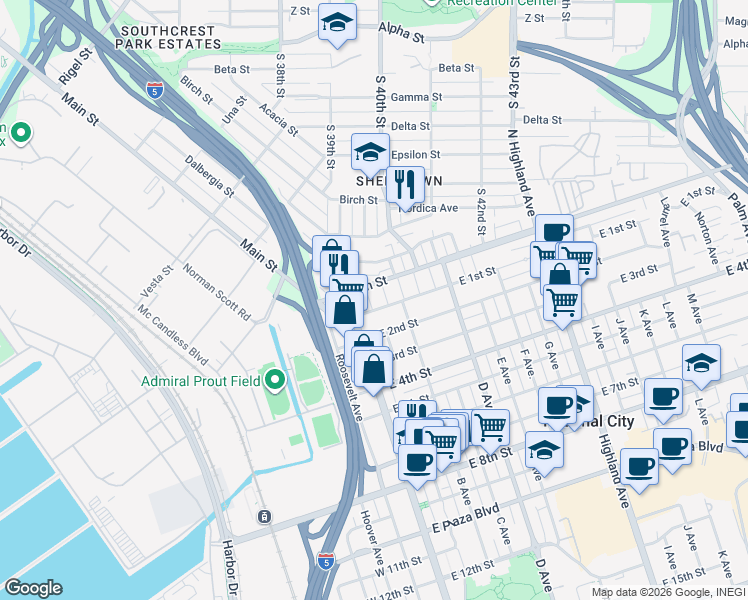 map of restaurants, bars, coffee shops, grocery stores, and more near Alberta Court in Lincoln Acres