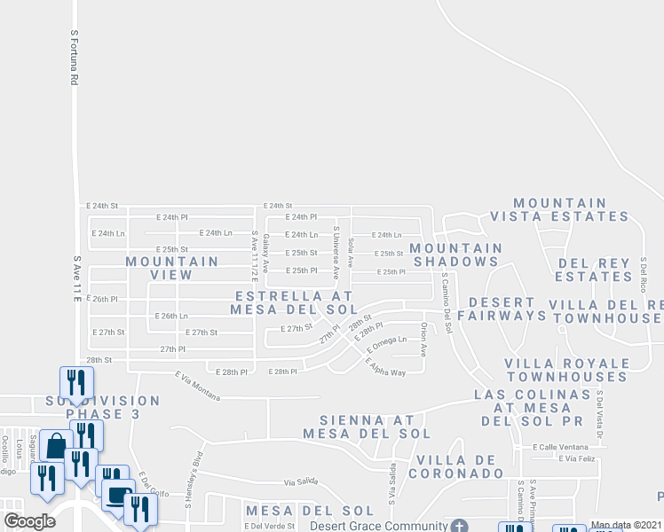map of restaurants, bars, coffee shops, grocery stores, and more near 11660 East 25th Place in Yuma