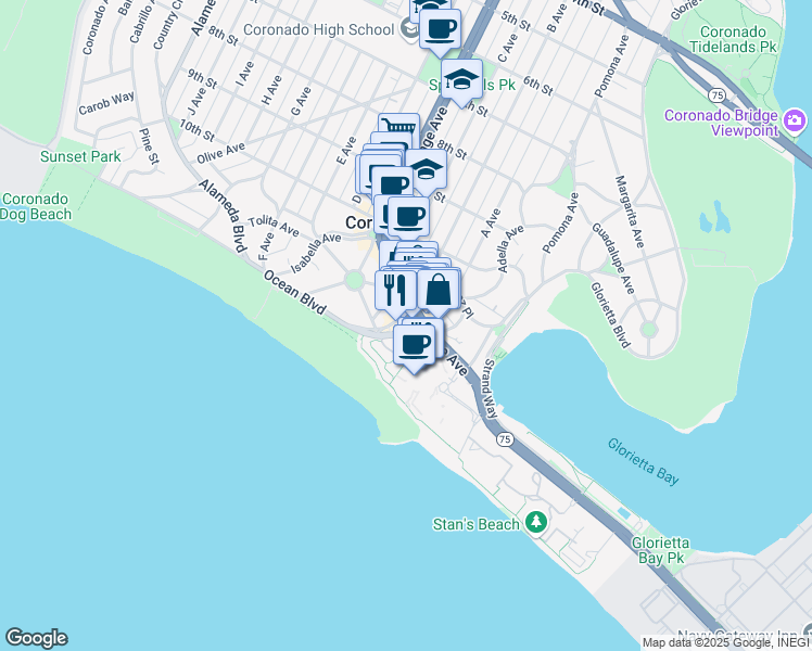 map of restaurants, bars, coffee shops, grocery stores, and more near 3 Rh Dana Place in Coronado